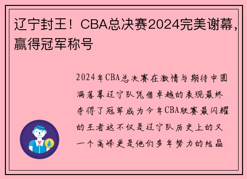 辽宁封王！CBA总决赛2024完美谢幕，赢得冠军称号