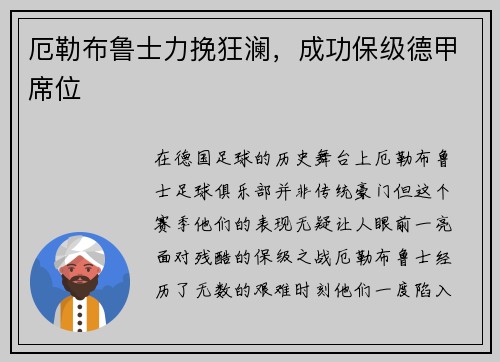 厄勒布鲁士力挽狂澜，成功保级德甲席位