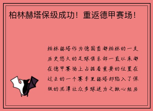 柏林赫塔保级成功！重返德甲赛场！